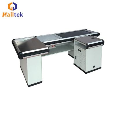 China With electric conveyor belt 2 meters white stainless steel supermarket checkout counter cash register with electric conveyor belt for sale