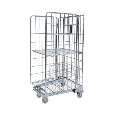 China Galvanized Collapsible Rolling Cart Mesh Metal Roll Container Three Door Wire Cage For Storage for sale