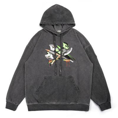 China Anti-Wrinkle Sweatshirt Black Graphic Print Vintage Acid Washed High Quality Heavy Thick Acid Wash Hoodie for sale