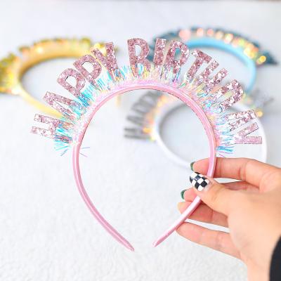 China Silver Blue Glitter HAPPY BIRTHDAY Sequin Headband Birthday Party Decorations Kids Adult Girl Pink Glitter Headbands for sale