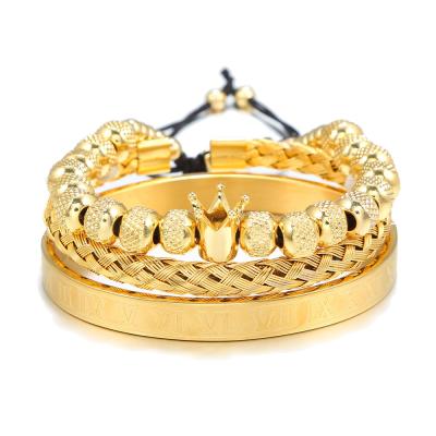 China Roman Letter 316L Stainless Steel Braided Grid Hip Hop Vintage Crown Bangle Open Bracelet Set Men 3pcs a set for sale