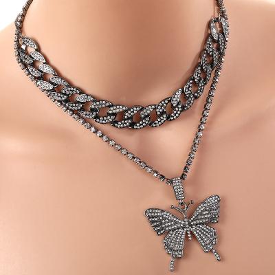 China Beautiful Hiphop Cuban Butterfly Necklace Cuban Link Butterfly Necklaces Chain Jewelry Layered Necklace for sale