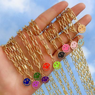 China Hot Selling Trendy Fashion Gold Plated Paper Clip Chain Necklaces Cavity Smile Healing Mood Round Smiley Face Necklace Women for sale