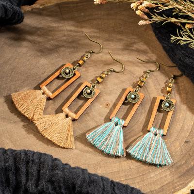 China TRENDY Bohemian Retro Wooden Tassel Earrings Geometric Rectangular Fringe Earrings Women for sale