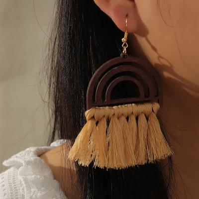 China Rainbow Tassel Cotton TRENDY Bohemian Ethnic Wooden Earrings Hand - Woven Earrings Women for sale