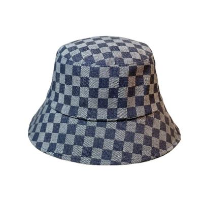 China Windproof Summer Checked Wide Brim Beach Bucket Cap For Women Denim Fisherman Hat for sale