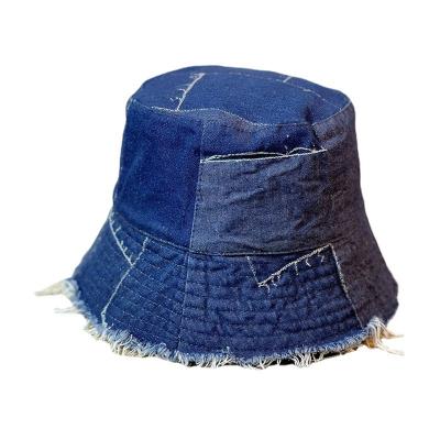 China Windproof Top Sale Custom Denim bucket hat with patches frayed Hats Men Women 2023 for sale