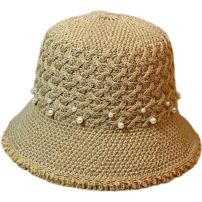 China Windproof Summer Sun Sunscreen Breathable Fisherman Hat Korean Version Pearl Straw Bucket Hat for sale