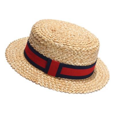 China Striped Wholesale Unisex Beach Natural 100% Wheat Straw Boater Fedora Top Flat Brim Ribbon Hat for sale