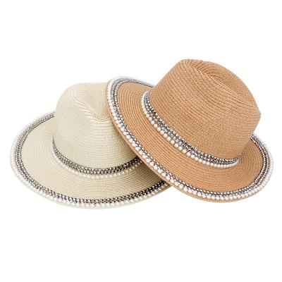 China Striped New Arrival Straw Fedora Hats oven Lafite pearl straw hat British wind hot drill top hat outdoor for sale