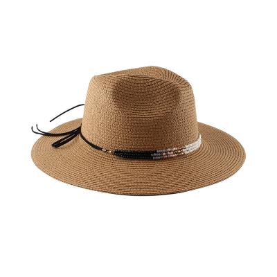 China Striped Brown Custom Logo Wide Brim Flat Jazz Top Straw Adults Women top Hat With Beaded 2022 for sale