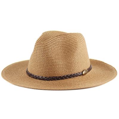 China Striped Summer Sunshade wide Brim Band Straw Hat Outdoor Beach Jazz Hat with PU Belt Rope for sale