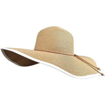 China Striped Summer Sunshade wide Brim Band Straw Hat Outdoor Beach Jazz Hat with PU Belt Rope for sale