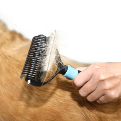 China New Style Stocked 2 in 1 Cleaning Dog Cat Hair Grooming Comb Stainless Steel Pet Hair Removal Tool Double Sided Hair Brush for sale