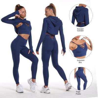 China Luxsun Logo Women Three High Waist Yoga Tracksuit Breathable Custom Long Sleeve Crop Top Simple Set for sale