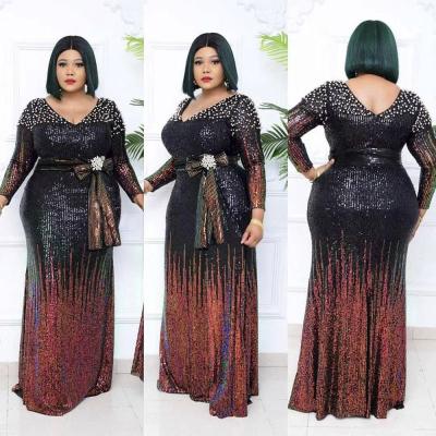 China New Arrival Viable V-Neck African Women Long Sleeve Dress Plus Size Bow Belt Europe Sequin Bead Europe Straight Cocktail Maxi Long Dress for sale