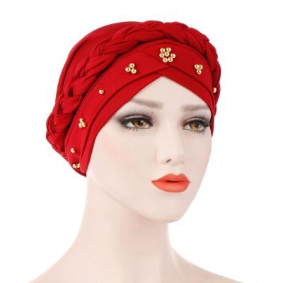 China 2022 Wholesale Muslim Women Casual Beading Braid Wrap Head Headcloth Ethnic Female Girl Bottoming Turban Hijab Hat for sale