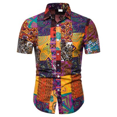 China New summer anti-pilling men's casual short-sleeved floral shirt slim large size men's lapel cotton and linen shirt for sale