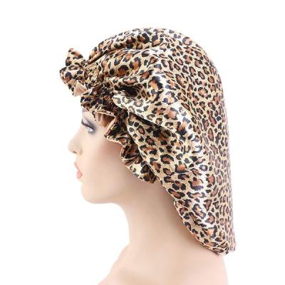 China Dobby leopard pattern can be customized with double-layer satin design oversized wide brim funky nightcap for sale