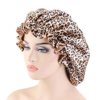 China New Leopard Print Double-Layer Satin Slouch Wide-Brimm Long-Lasting Elastic Fit Night Hat for sale