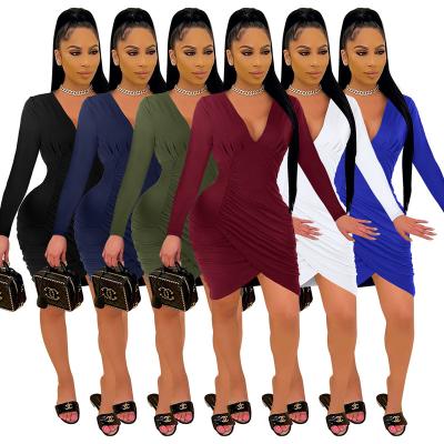 China Anti-static women fall clothes 2021 high fashion v-neck pleat clubwear sexy package buttocks elegant casual wear women clothing for sale