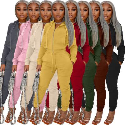 China 2022 New Arrivals Breathable High Quality Velvet Solid Color Hooded Zipper Stack Pants 2 Piece Set Women's Two Piece Set for sale