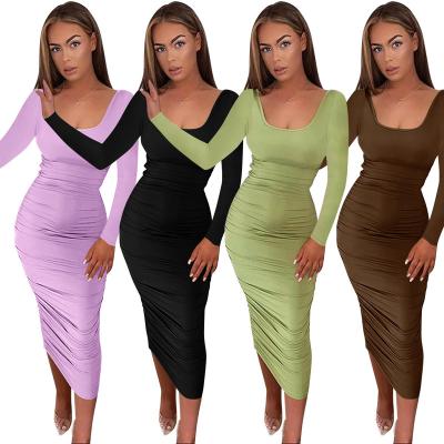 China Best-selling talla de vestido anti-static solid color casual sleeve large long dresses elegant women's plicative pencil dress 2021 long for sale