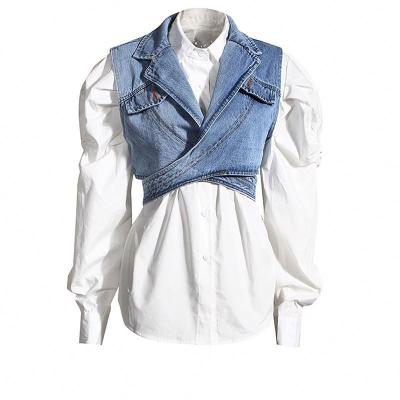 China Breathable Ladies 2 Piece Irregular Suit Shorts Denim Vest Shirt Tops Loose Long Puff Sleeve Shirts For Women Blouses for sale