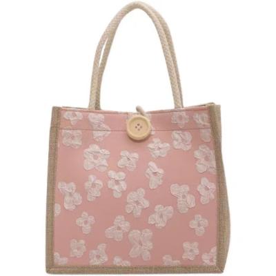 China Easy To Carry Pink And White Flower Pattern Cool Summer Jute Bag for sale