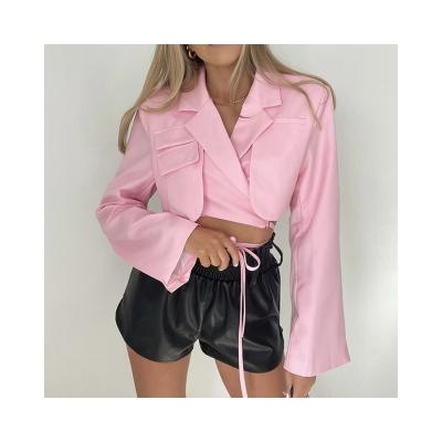 China Wholesale Breathable 2022 Women's Autumn Suit Jacket Solid Color Cropped Lace Up Single Breast Short Blazer for sale