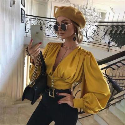 China Ladies Long V Neck Lantern Sleeve Crop Blouse Breathable Elegant Fashion Solid Color Ladies Sexy Solid Color Tops Wholesaler for sale