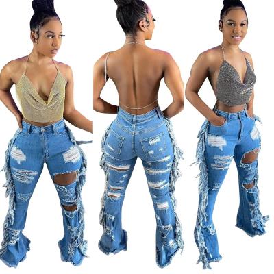 China 2021 Summer Breathable Rocket Stretch Plus Size Jean Denim Pants Women Ripped Bell Bottom Tassel Bell Bottom Jeans for sale