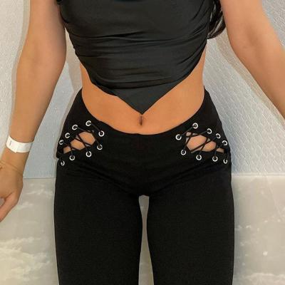 China 2021 Breathable Women Ties Cut Ups Rocket Pants Lace Up Hollow Out High Waist Casual Pants for sale