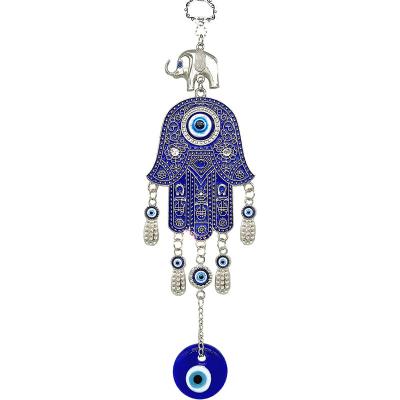 China Turkish Blue Glass Art Deco Metal Hamsa Hand Elephant Evil Eye Protection Wall Hanging Decor for Good Luck and Blessings for sale