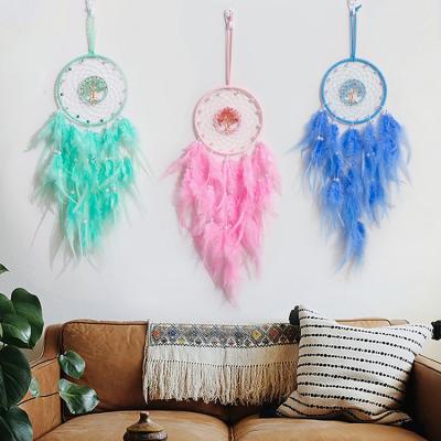 China Art Deco Colorful Gemstone Tree of Life Crystal Feather Dream Catcher Craft Wall Hanging Christmas Home Decorations for sale