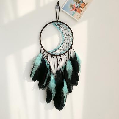 China Art Deco Nordic Handmade Wind Chime Dreamcatcher Hanging Moon Black Feather Catcher Boho Dream Craft Mini For Cars for sale