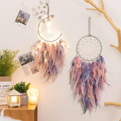 China Art Deco Boho Chic Kids Wall Hanging Pink Feather Catchers Handmade Dreamy Half Moon Accessories Home Decor Room Decor For Girls for sale