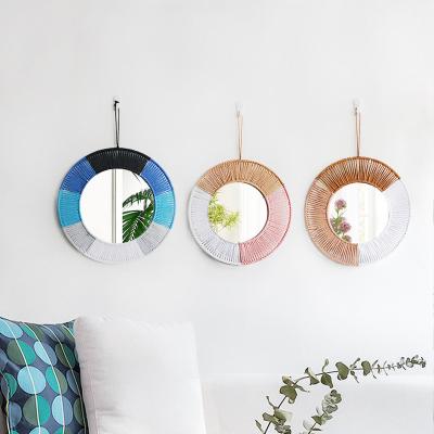 China Art Deco Bohemian Decor Handmade Woven Round Macrame Mirror Wall Hanging for Apartment Living Room Bedroom for sale