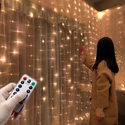 China Holiday 300led Curtain Lights 3x3m Lighting Remote Control Solar Fairy Twinkle Window Curtain String Light For Bedroom Wedding Party for sale