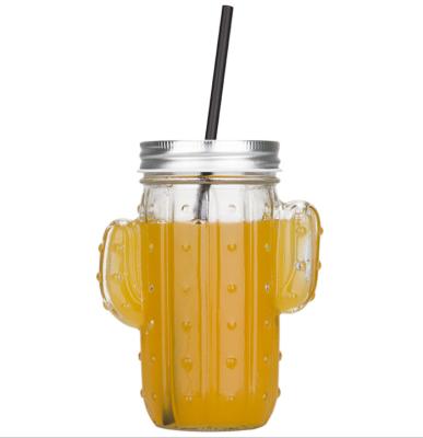 China Creative Wholesale 450ml Package Cactus Mason Glass Jar Water Juice Cup Beer Mug With Lid for sale