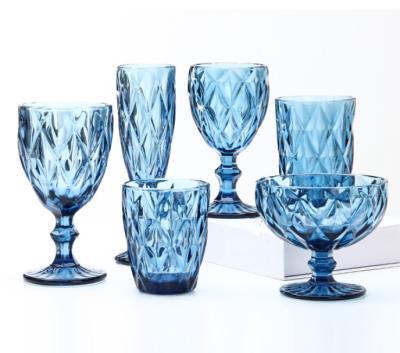 China Europe Wholesale Glassware Colored Goblet Wine Glasses Water Glass Pressed Blue Glass Goblets for sale