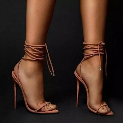 China Size 45 Bottom Xinzirain Ladies Summer Sandals MOQ Fashion Trend Large Open Toe Ankle Cross Strap Women High Heeled Lace Up Sandals for sale