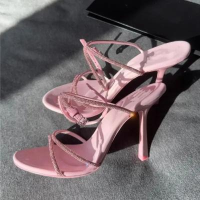 China Custom Xinzirain Logo Manufacturer Summer Slingback Open Toe Pink Color Women Party Heel Sandals With Rhinestone Strap for sale