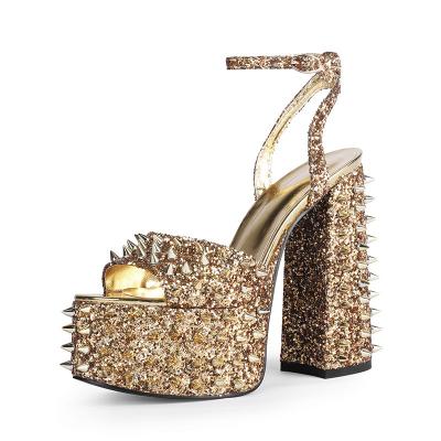 China Damping Unique Xinzirain Women's Gothic Thick Sandals Around Chunky Heel Sandals With 15.5cm Toe Gold Glitter Slingback High Platform Women for sale