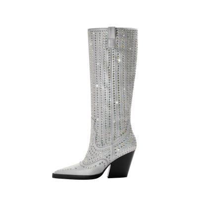 China Newest Xinzirain Ladies Deodorization Cowboy Boots Wholesale Big Size 45 Rhinestone Design Silver Custom Women Knee High Western Boots for sale