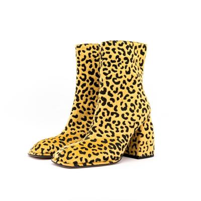 China Custom Deodorization Xinzirain Winter Plus Size 45 Leopard Print Horse Hair 9.5cm Block Heel Chunky Boots Ankle Boots For Women for sale