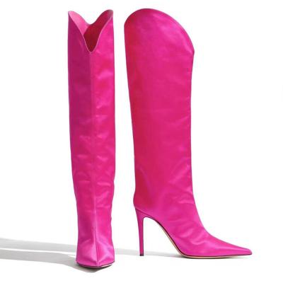 China Other Xinzirain Customizable Pink Wide Axle Big Stiletto Slip On Leather Boots In Fuchsia Pink With Dramatic Style for sale