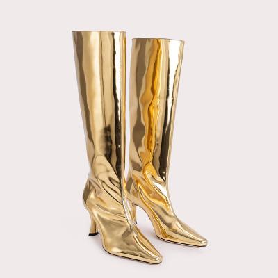 China Xinzirain Printed Plus Size Women's Winter Leather Knee High Boots Knight Heel Boots Wide Shaft Female Golden Silver Metallic Mirror Mid for sale