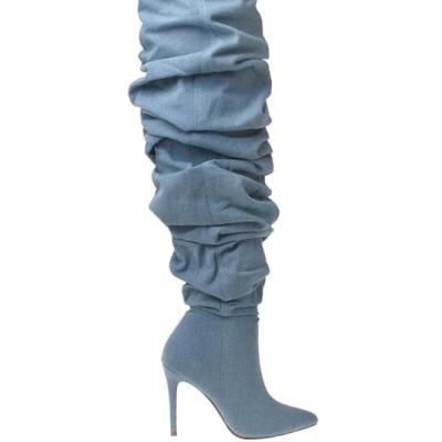 China New Xinzirain Waterproof Custom Fashion Thigh High Boots Women Wide Toe Denim Blue High Heel Calf Stitch Over The Knee Long Boot for sale