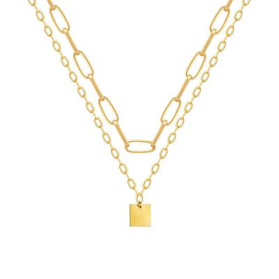 China 2021 Hiphop Fashion Jewelry Simple Double Layer Gold Chains Stainless Steel Square Charm Necklace for sale